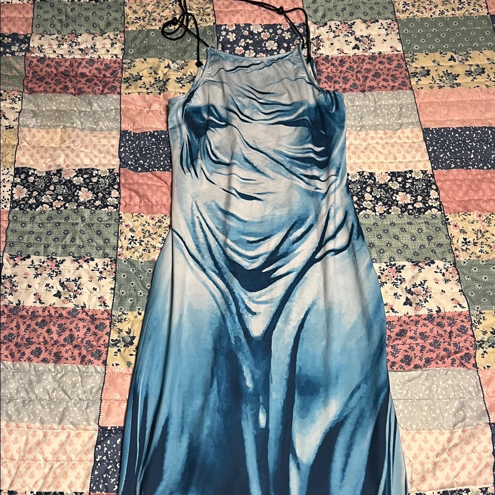 Source Unknown Blue Marble Print Slip Dress with Black Straps